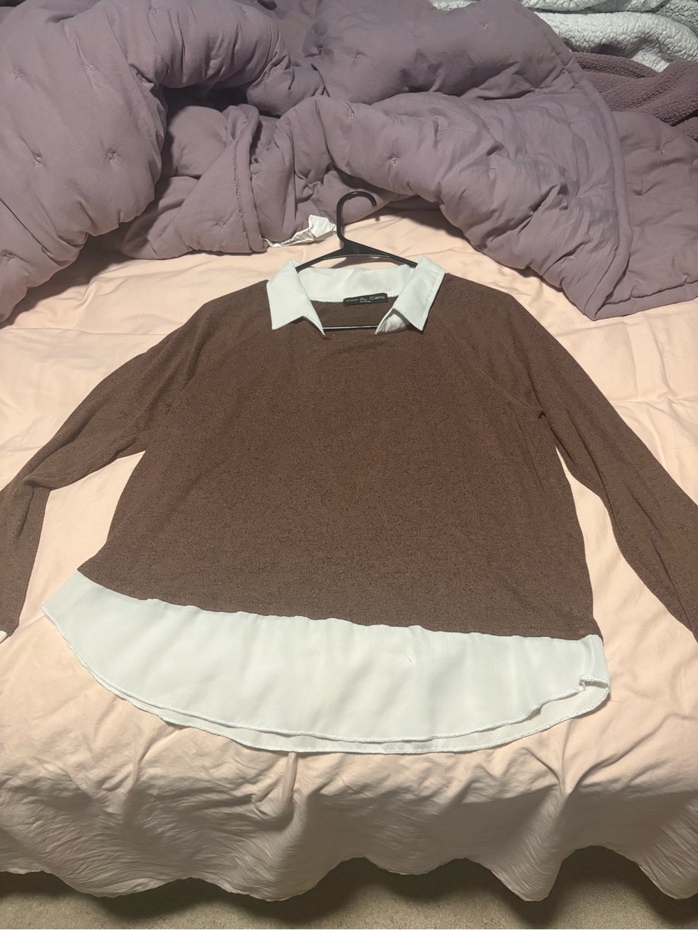 Kim & Cami Brown Sweater Tunic with Cream Collared Trim